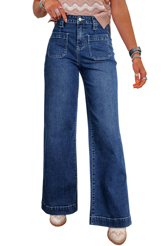 Sail Blue High Waist Wide Leg Jeans With Patch Pockets