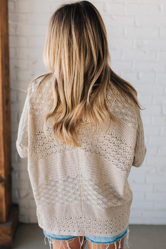 Khaki Mix Pattern Hollow Knit Open Front Cardigan