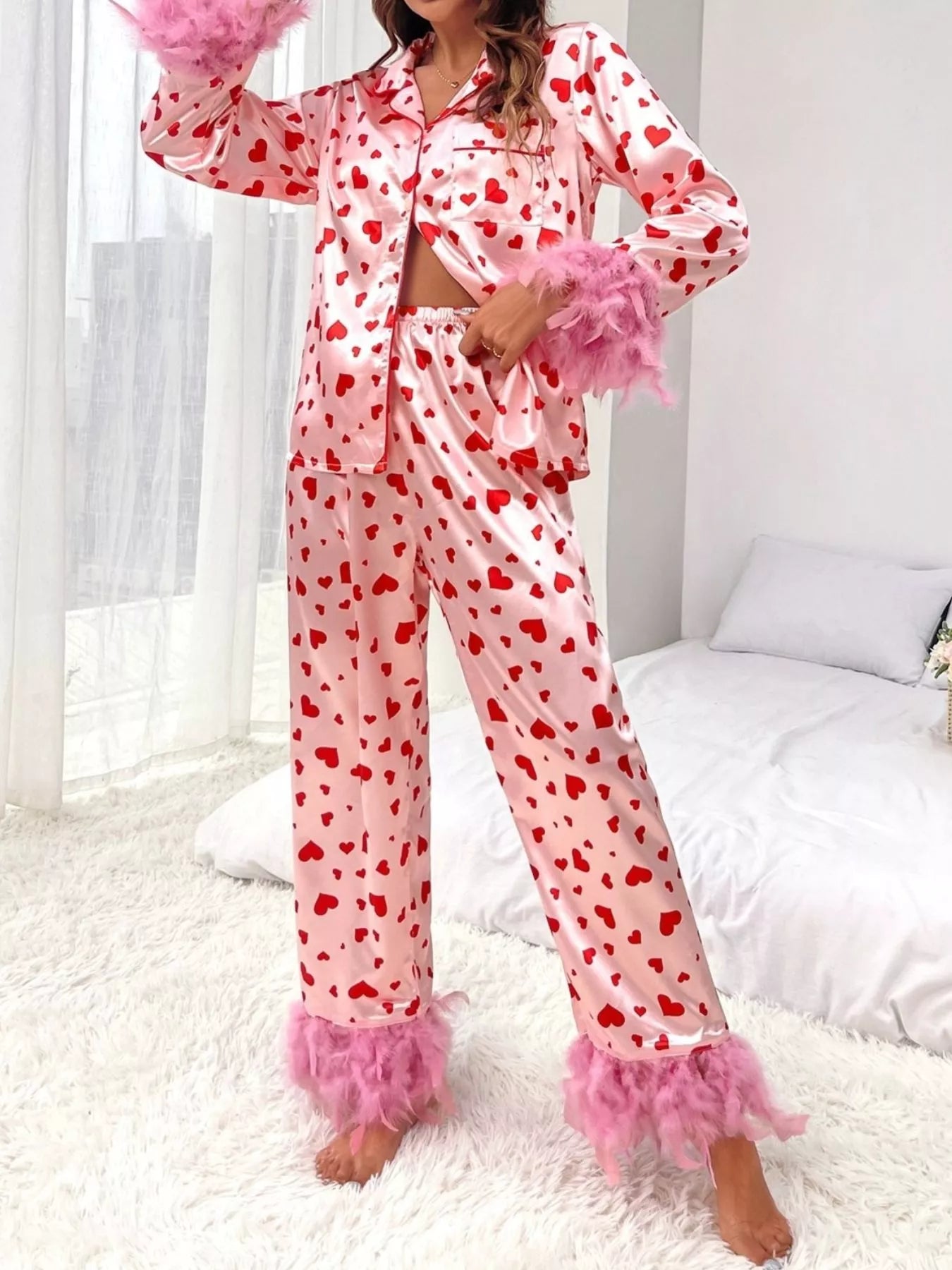 Button Up Top and Pants Heart Print Lounge Set