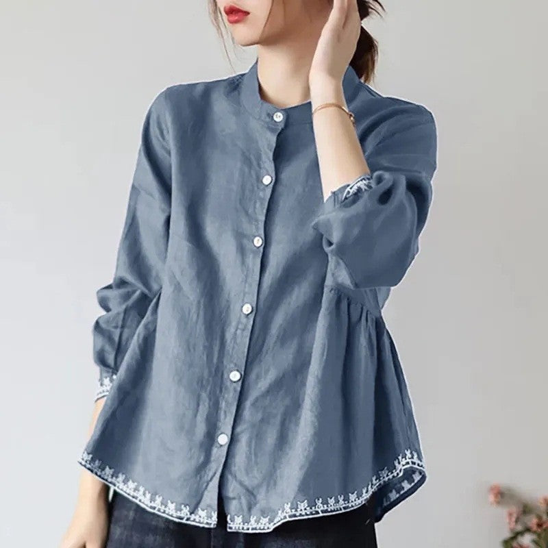 Solid Color Loose Fit Plus Size Stand Collar Shirt