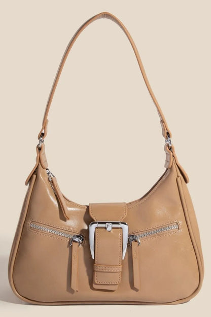 Fame Large Buckle Triple Zipper Leather Handbag Tan
