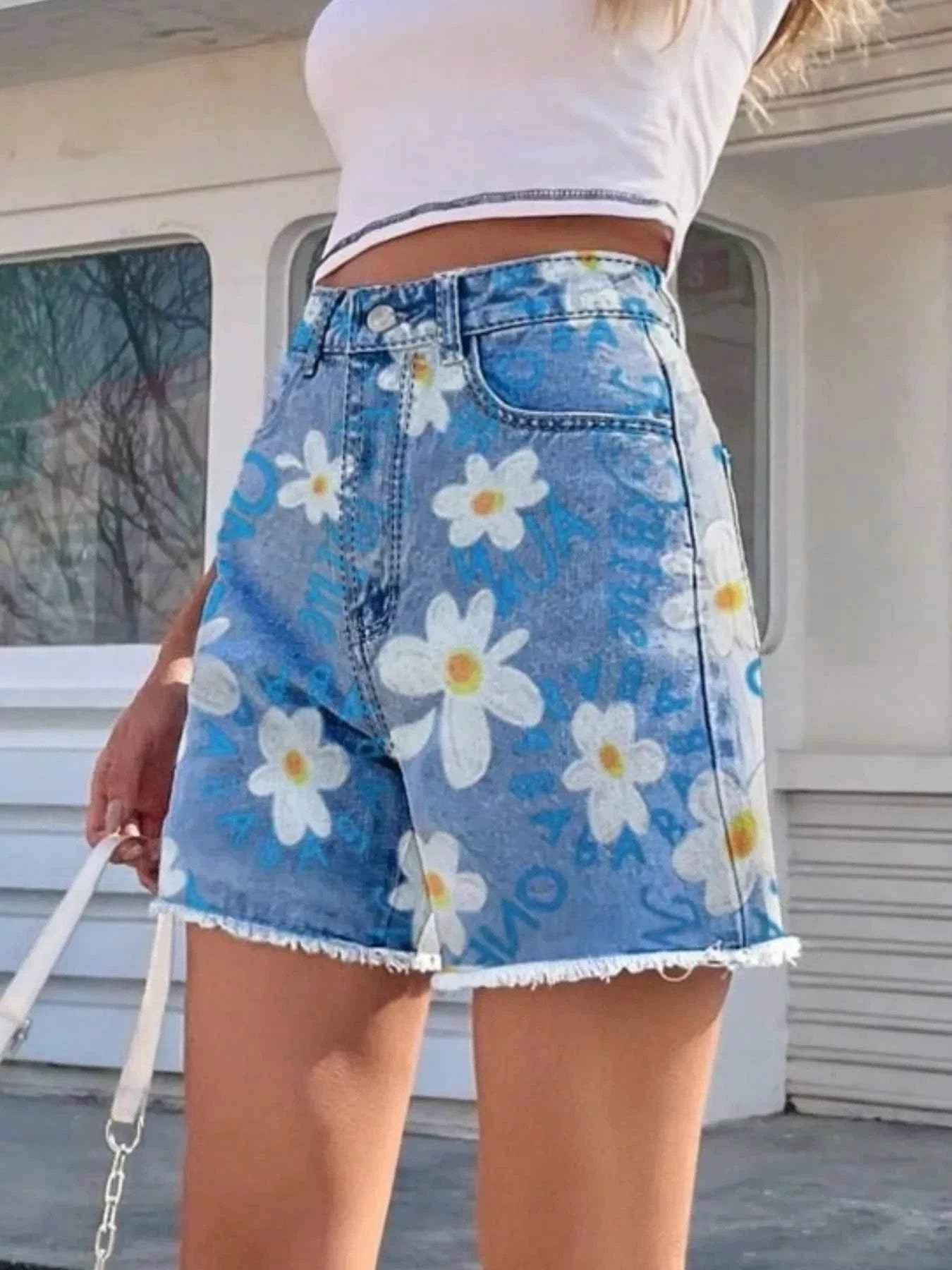 Daisy Frayed Hem Denim Shorts