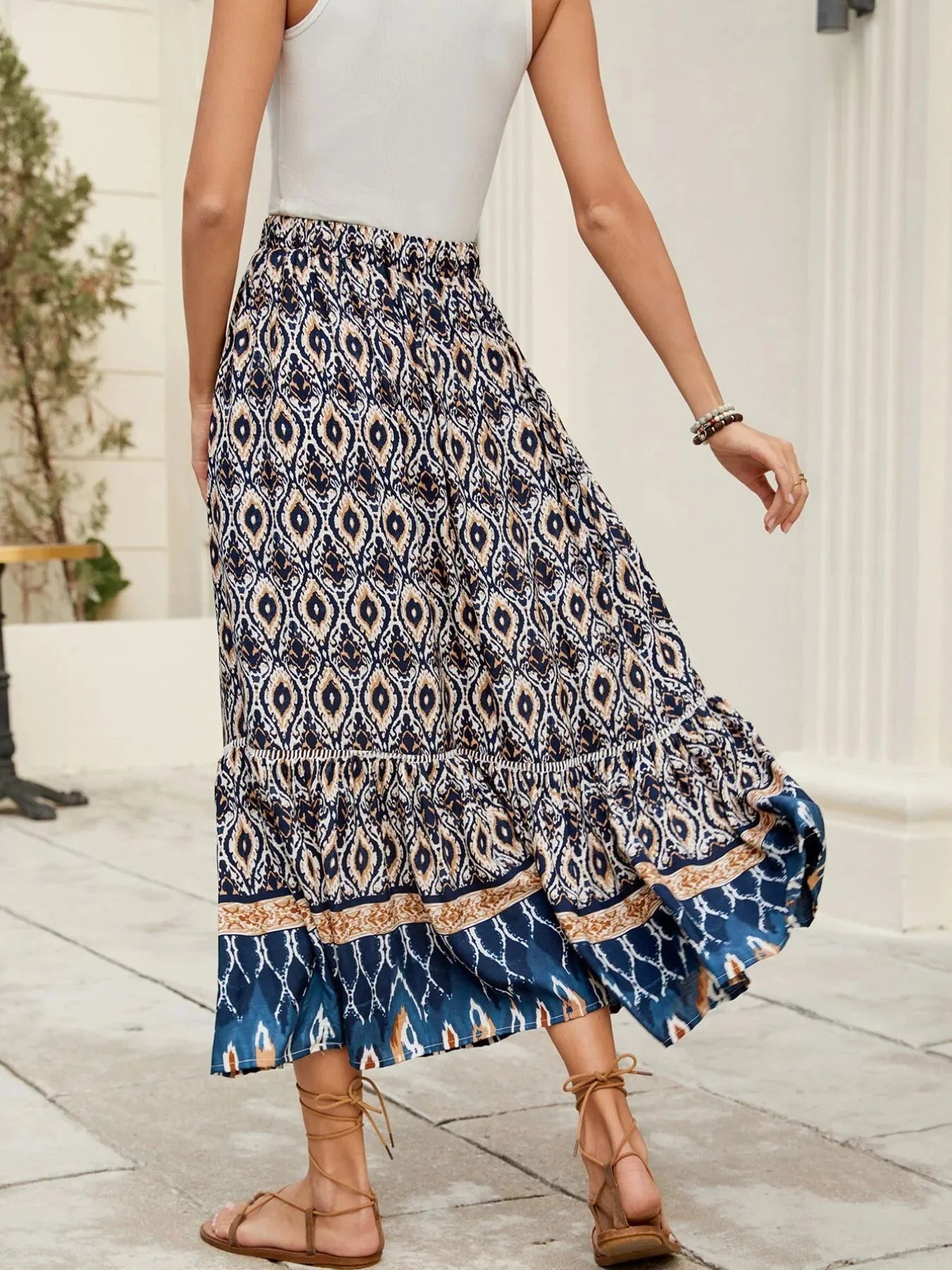 Printed Ruched Bohemian Maxi Skirt