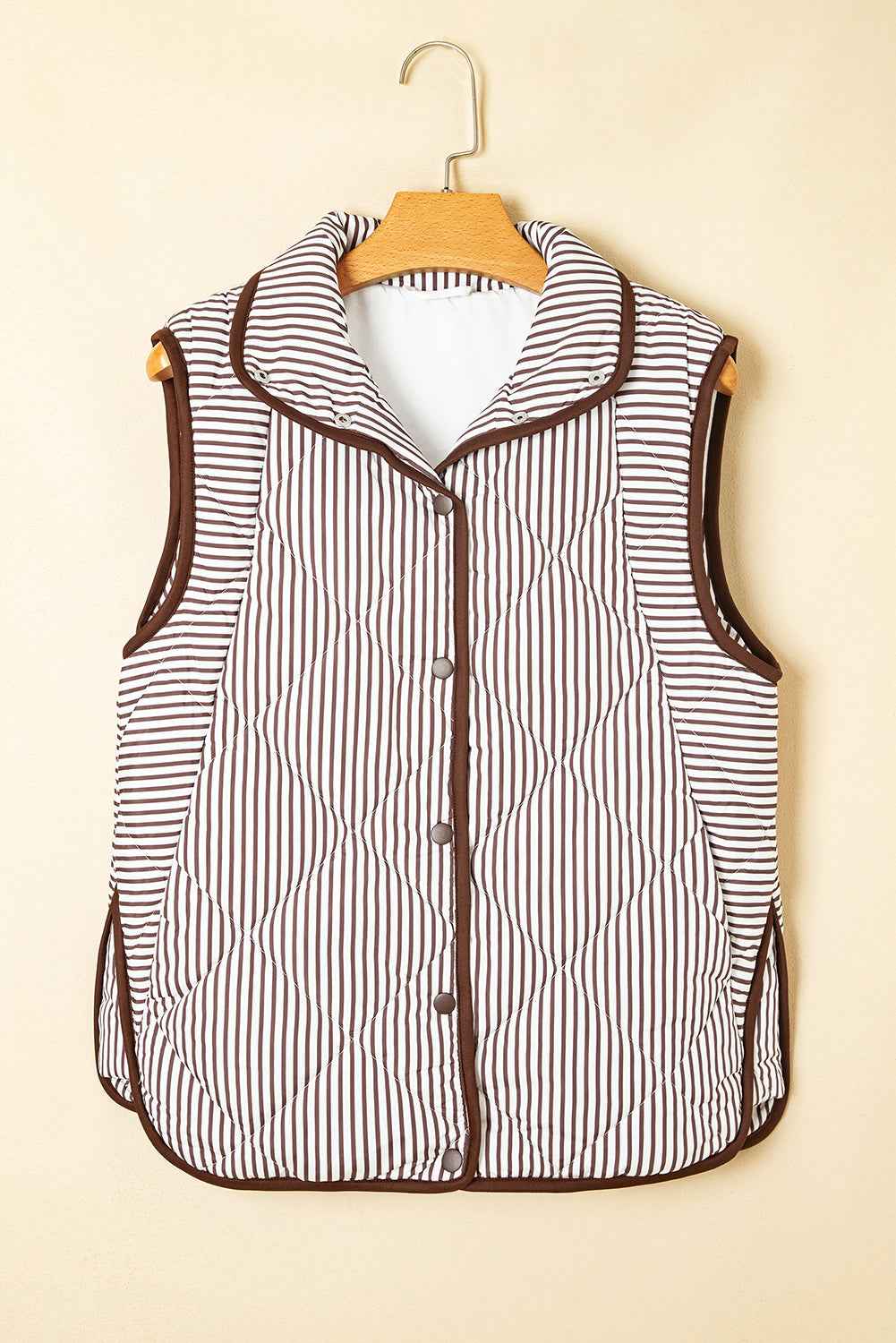 Skylar Striped Snap Button Scalloped Hem Winter Vest  - Brown