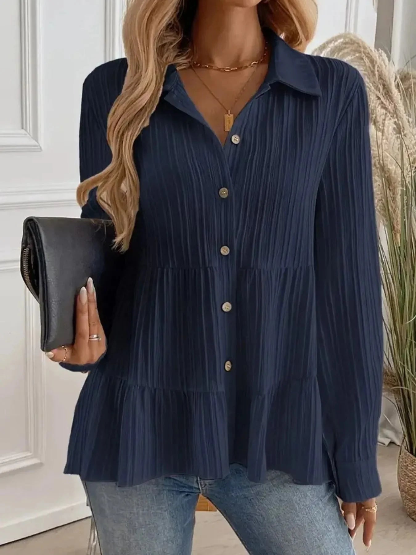 Striped Tiered  Button Down Shirt