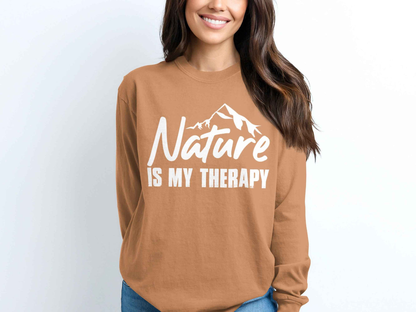 Nature Is My Therapy Mountain Graphic Text Long Sleeve T-Shirt