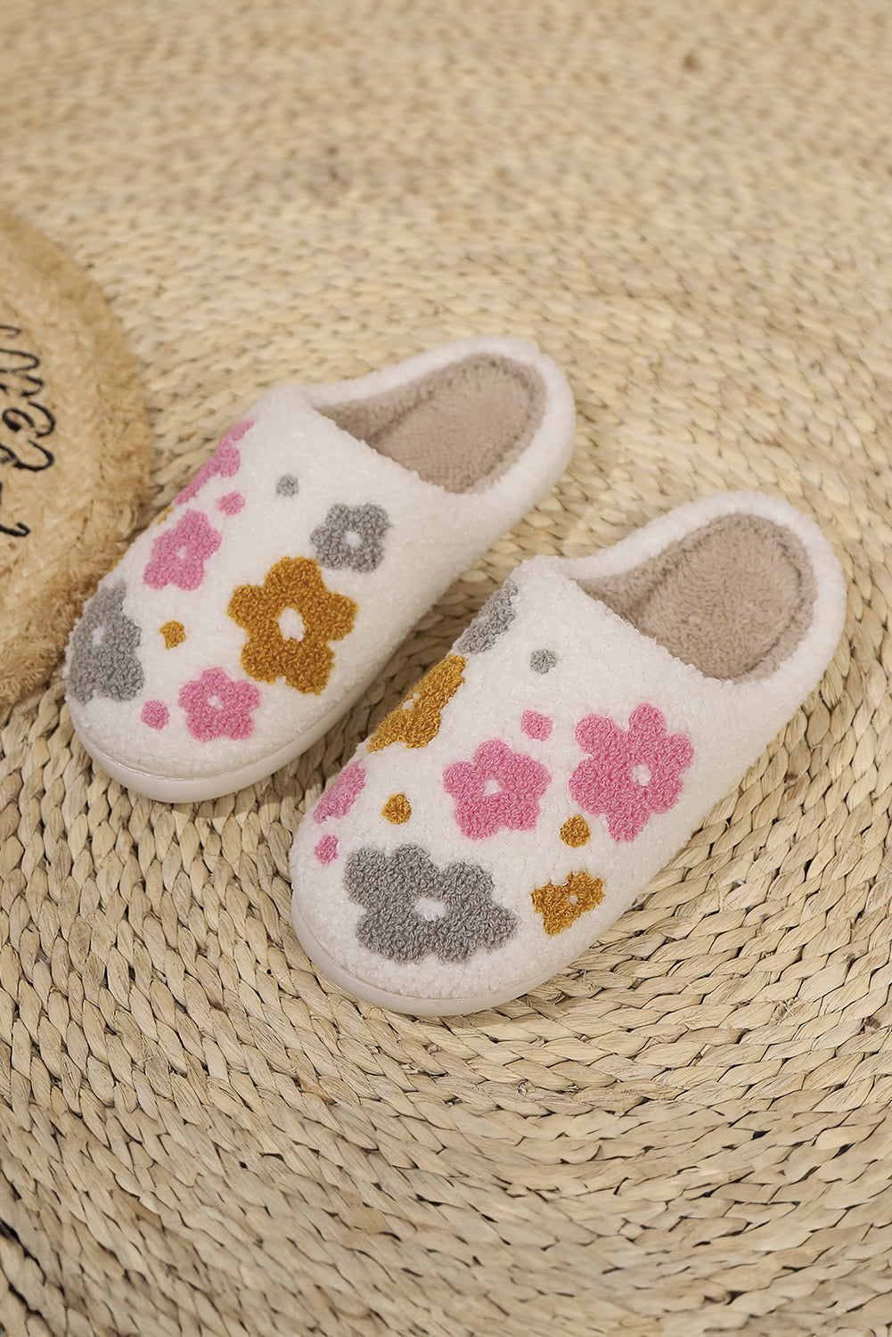 White Floral Fuzzy Winter Slippers With Cloudlike Comfort