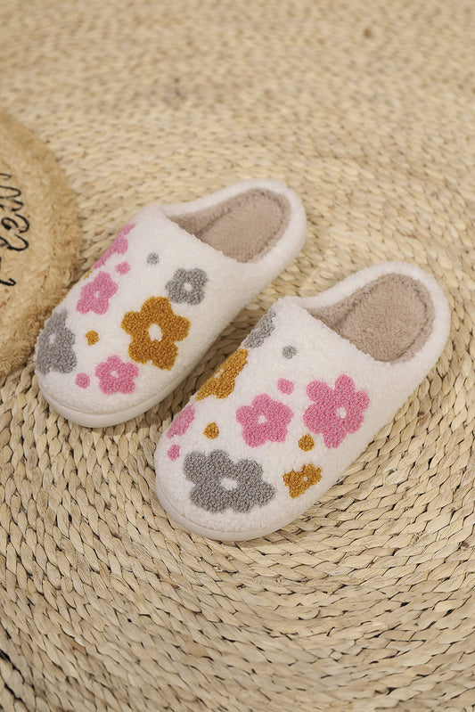 White Floral Fuzzy Winter Slippers With Cloudlike Comfort