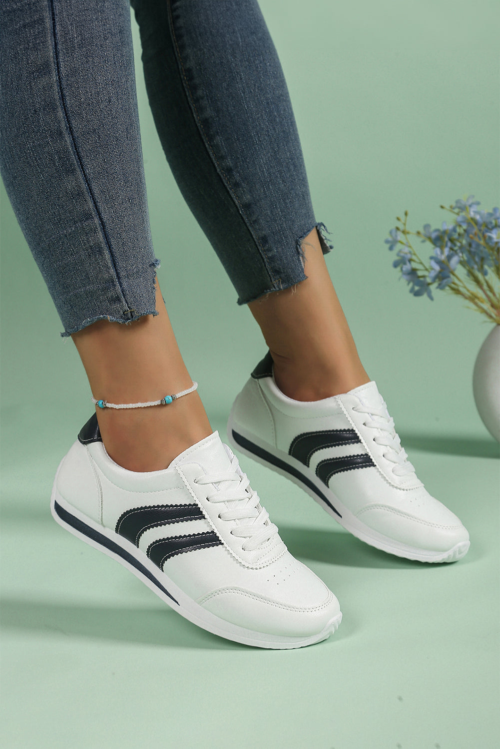 White PU Leather Striped Lace Up Casual Sneakers Everyday