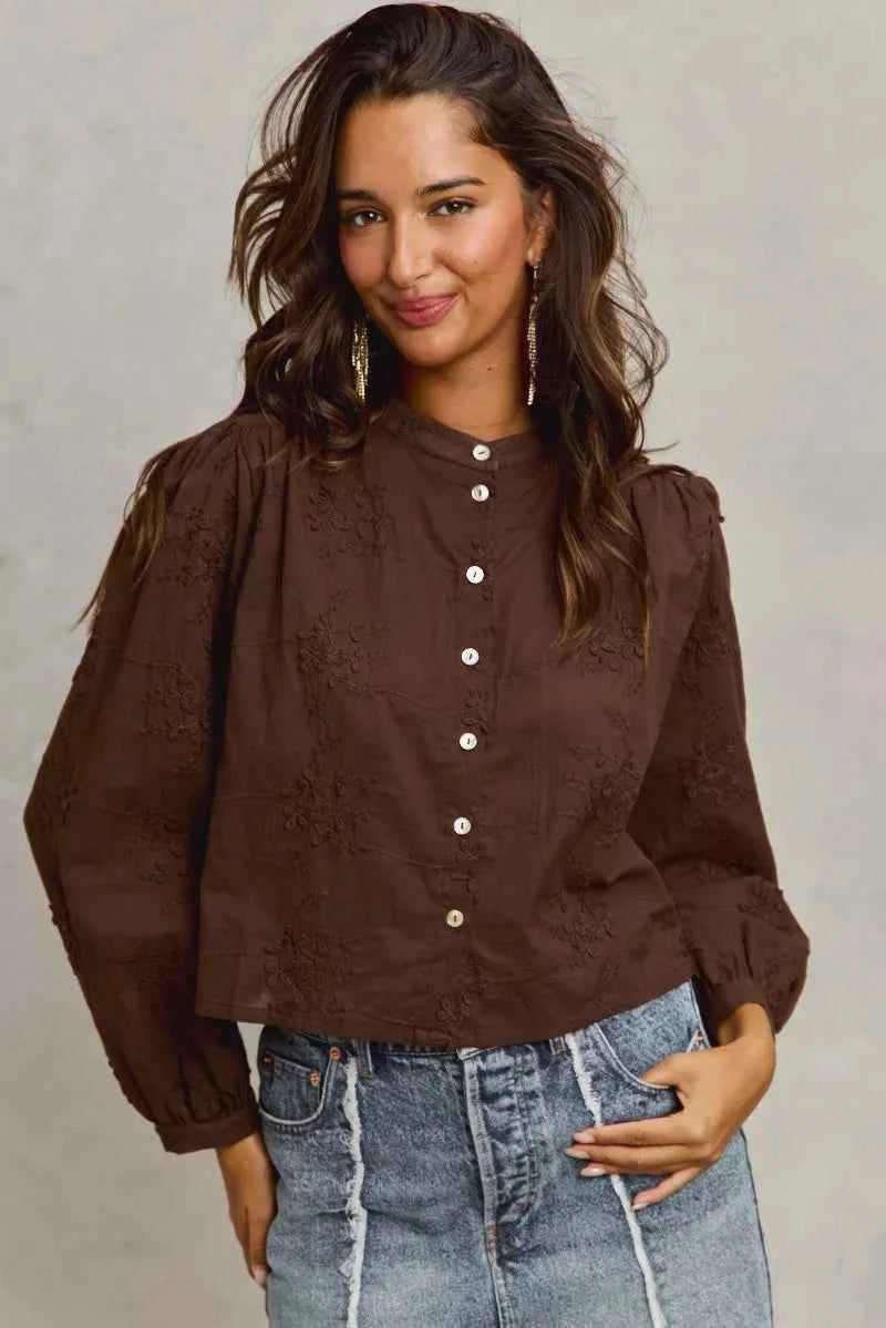 SO ME 3d Floral Woven Long Sleeve Front Button Shirt
