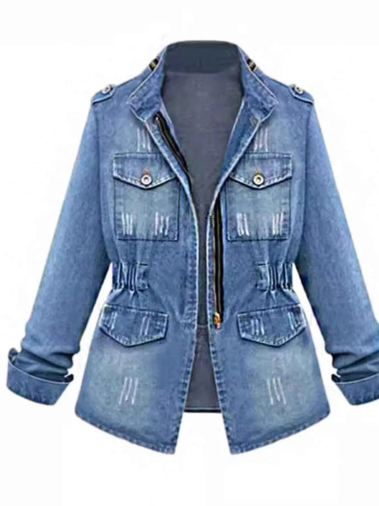 Full Size Chest Pocket Zip Up Denim Jacket Plus Size
