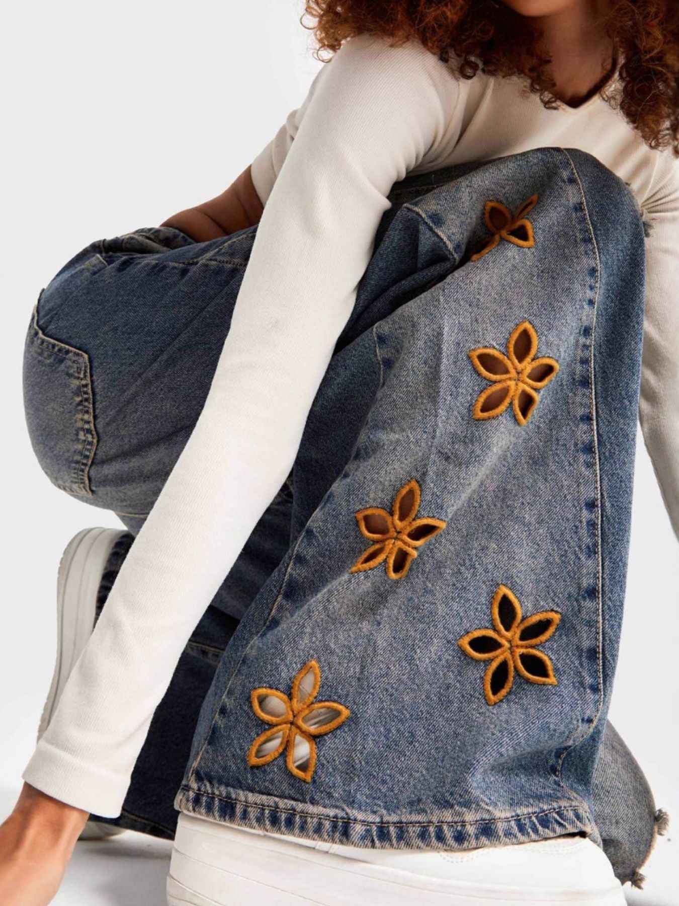 Floral Embroidered Wide Leg Jeans