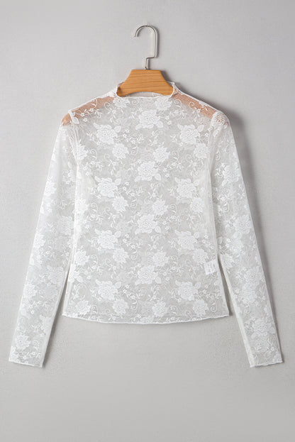 Myla Sheer Floral Lace Mesh Mock Neck Long Sleeve Top