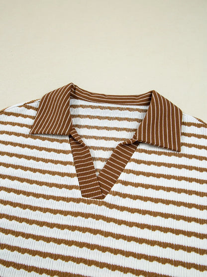 Stripe Collared Top and Drawstring Pant Loungewear Set