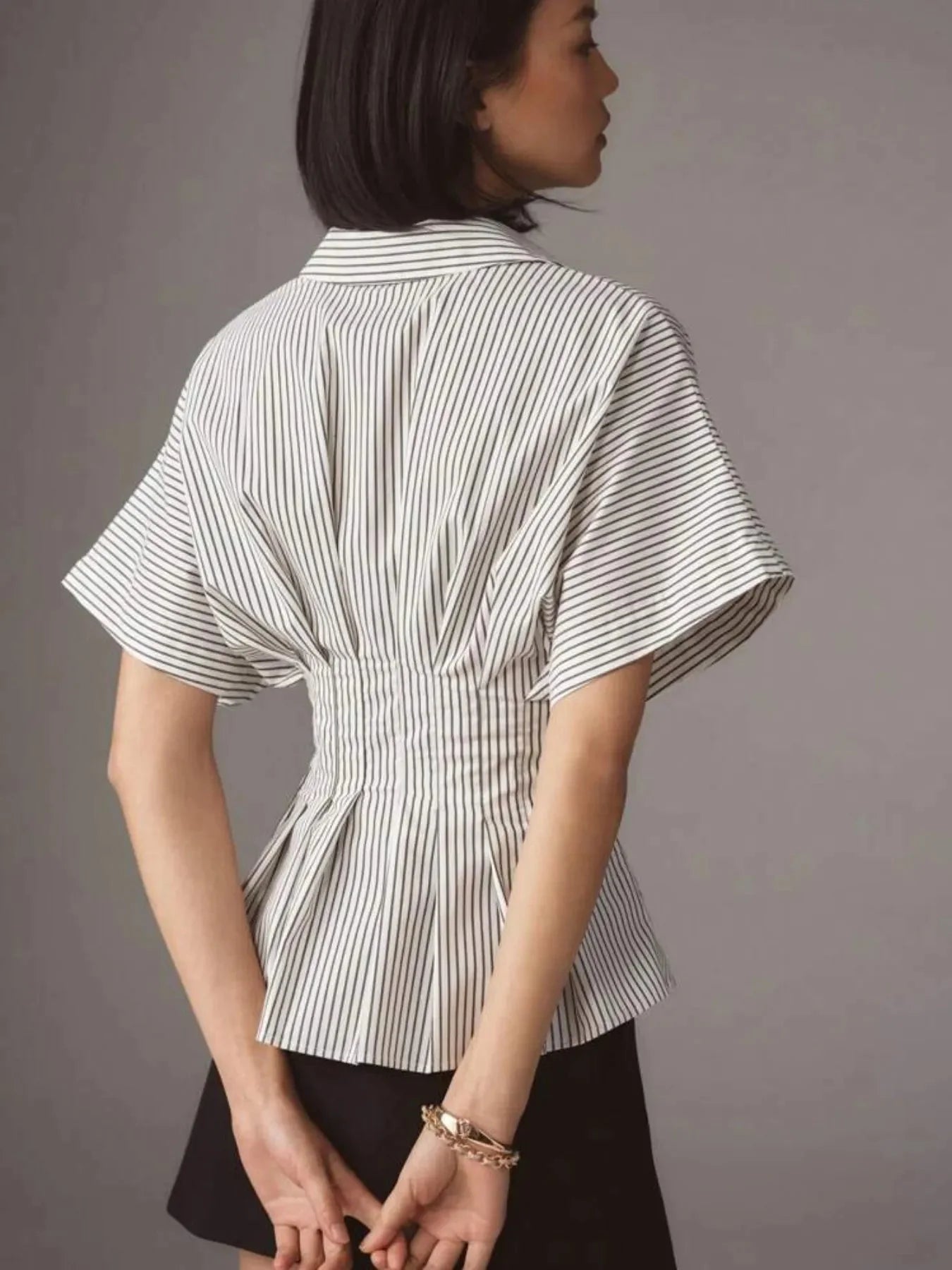 Pinstripe Puff Sleeve Cinched Waist Button Up Shirt