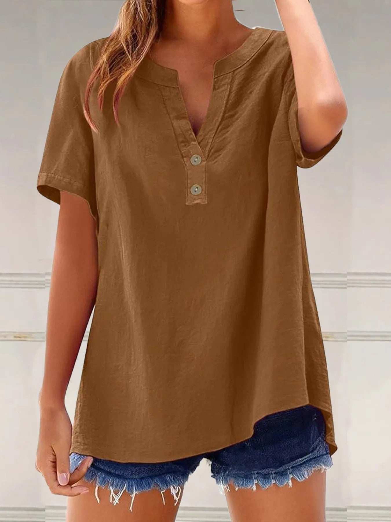 Full Size Notched Short Sleeve Blouse Plus Size