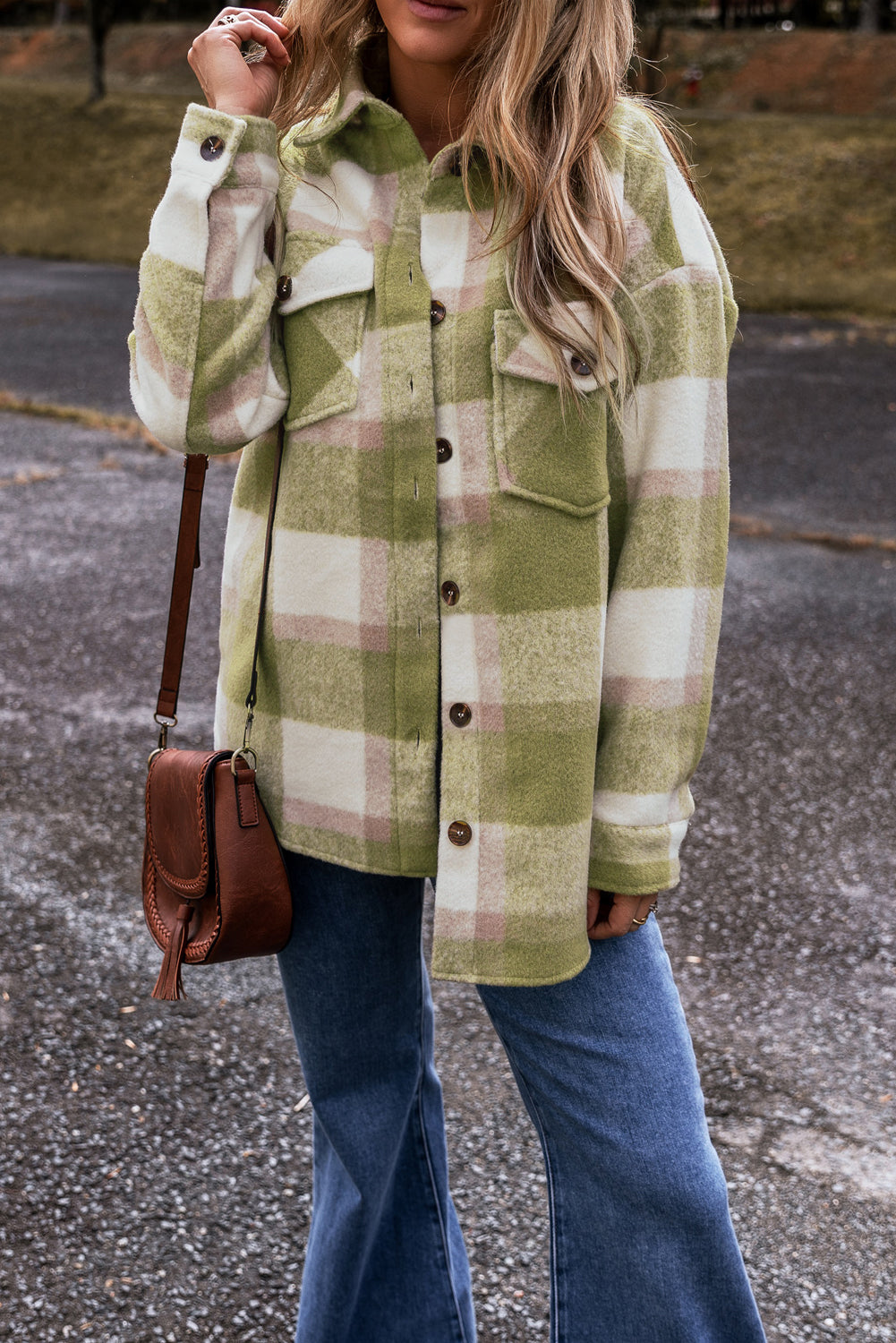 Green Buttoned Flap Pockets Baggy Shacket