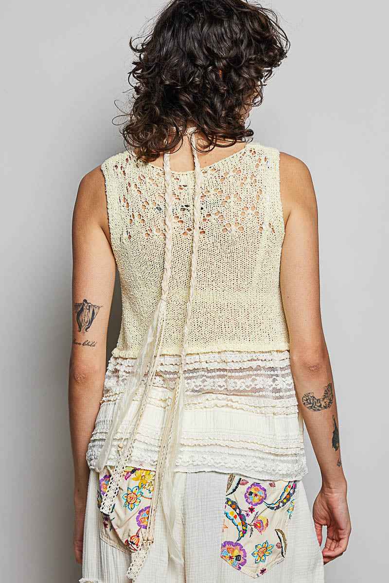 POL V-Neck Crochet Sweater Vest with Lace Trim