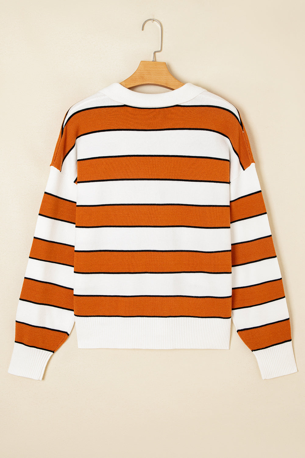 Stripe Ribbed Polo Collar Drop Shoulder Sweater