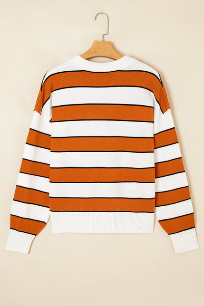 Stripe Ribbed Polo Collar Drop Shoulder Sweater