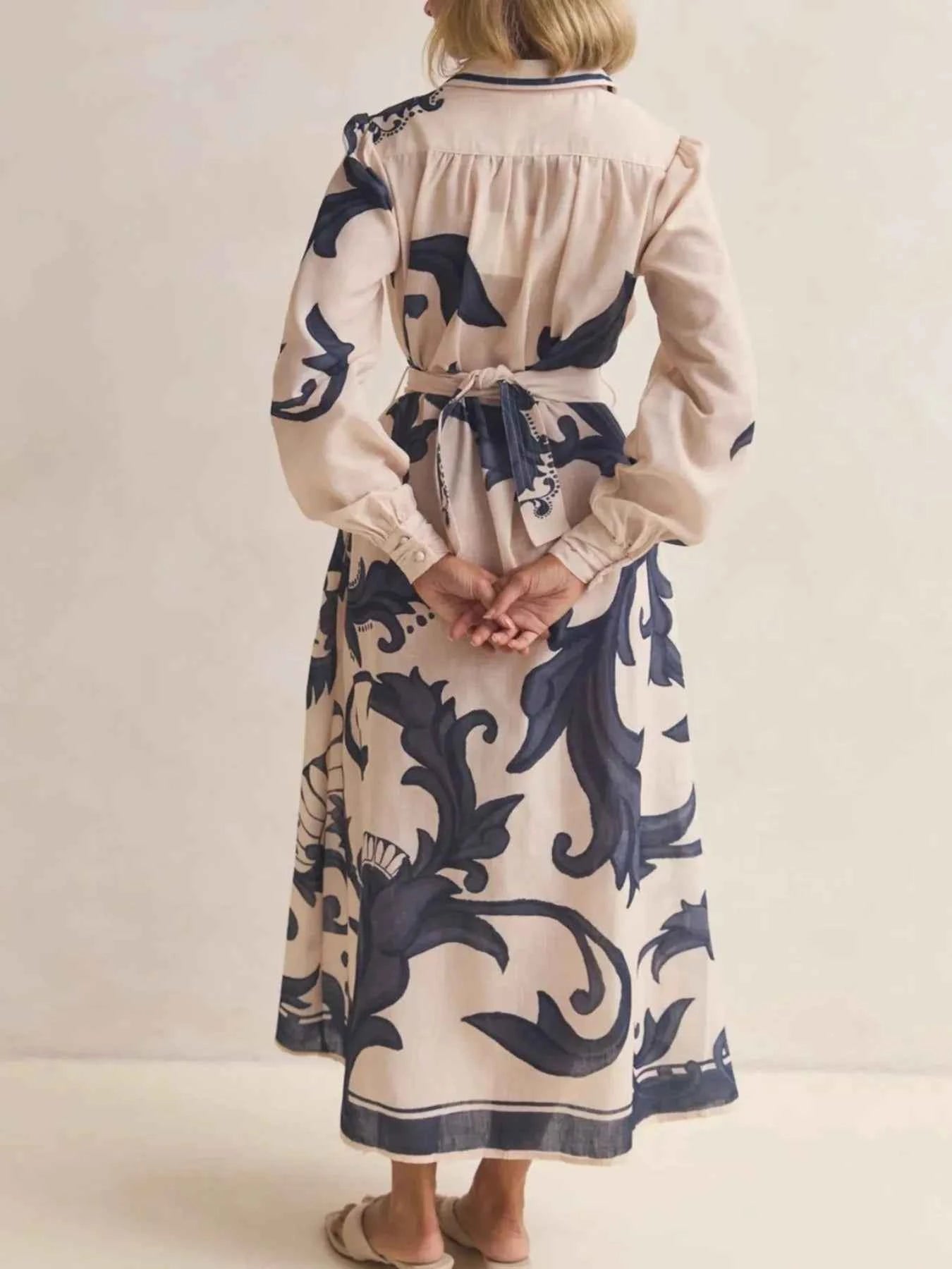 Printed Button Down Belted Shirt Dress