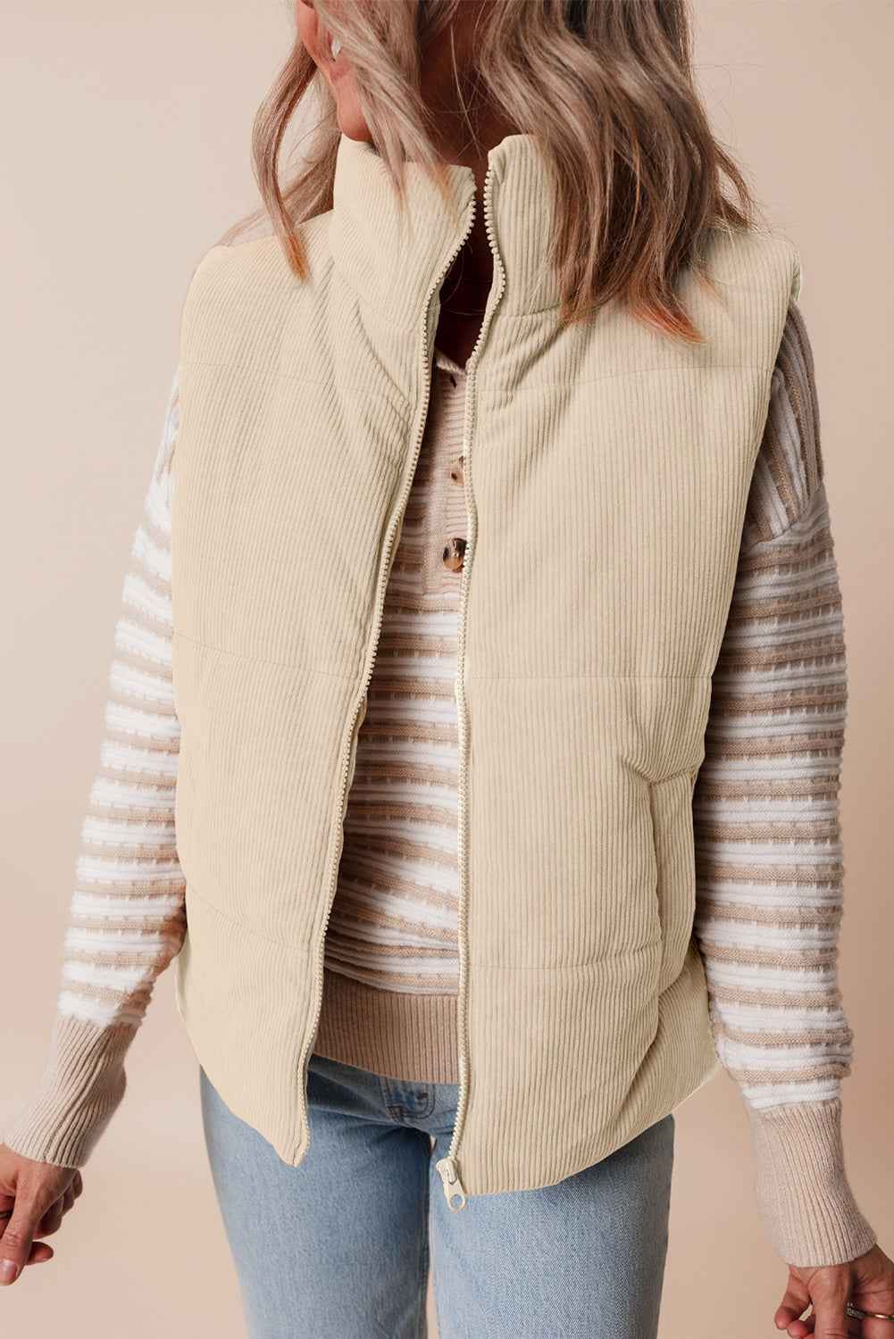 Scottie Solid Color Corduroy Puffer Vest Coat - Beige