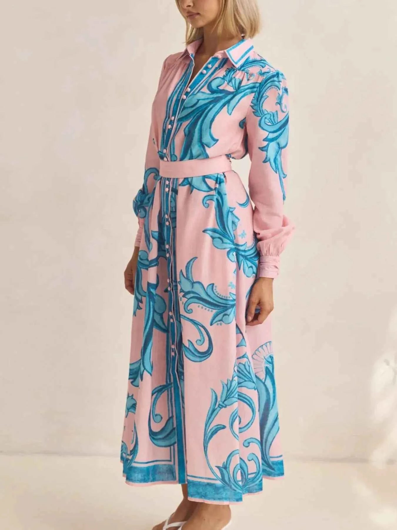 Printed Button Down Belted Shirt Dress