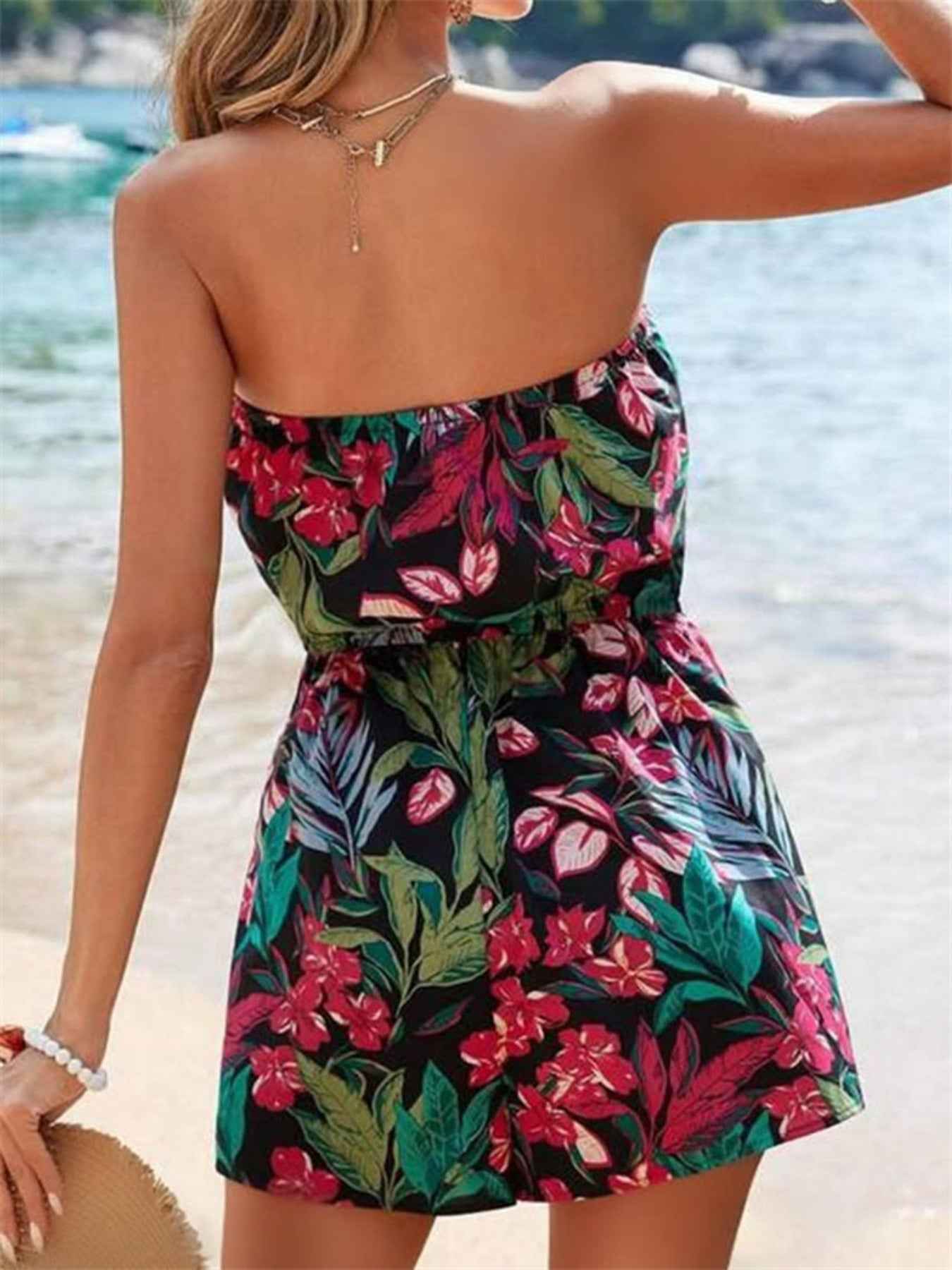 Floral Print Strapless Elastic Waist Romper