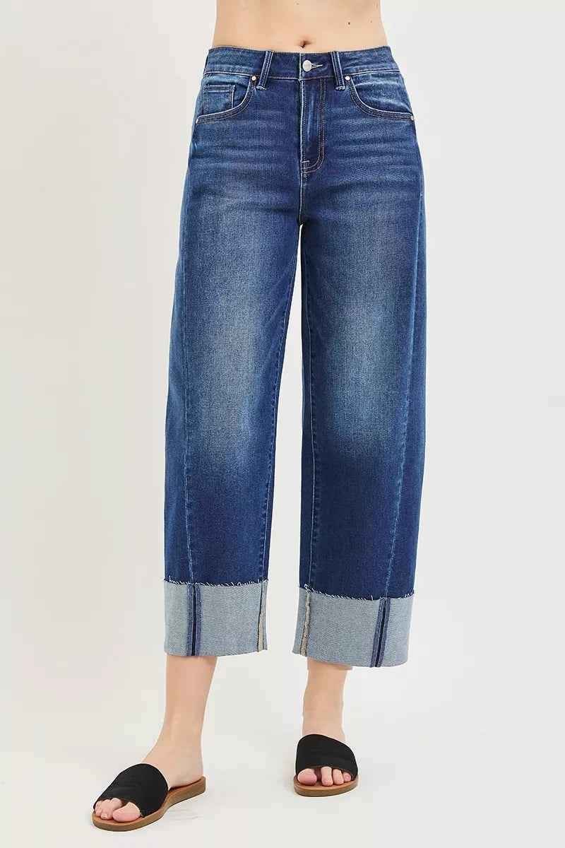 Dark Wash Full Size Slouchy Crop Barrel Cuffed Jeans Plus Size | Risen