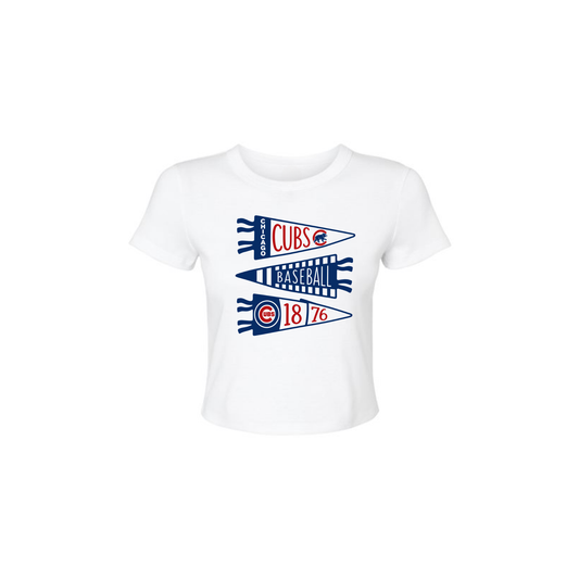 Chicago Cubs Pennant Baby Tee | Women's Vintage Baseball Graphic Tee | White Fitted Tee