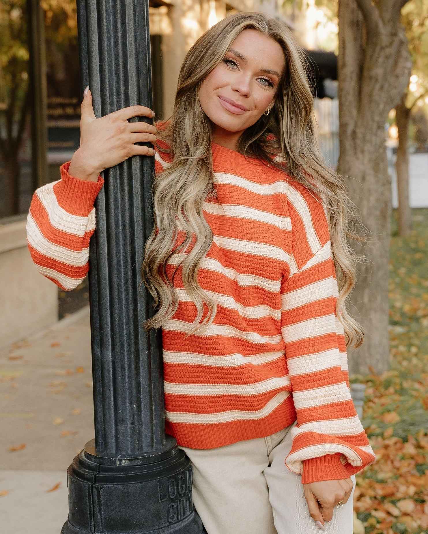 Avery Striped Ribbed Trim Drop Shoulder Sweater