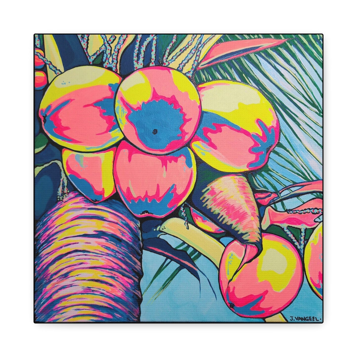 Neon Coconuts Canvas Print, Original Artist Design, Home Decor Wall Art