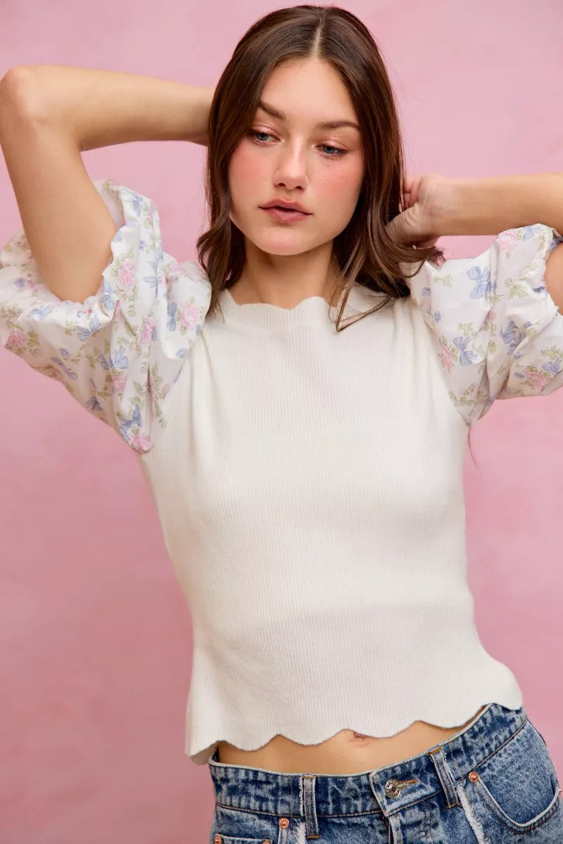White Floral Contrast Sleeve Scallop Sweater Top by SO ME