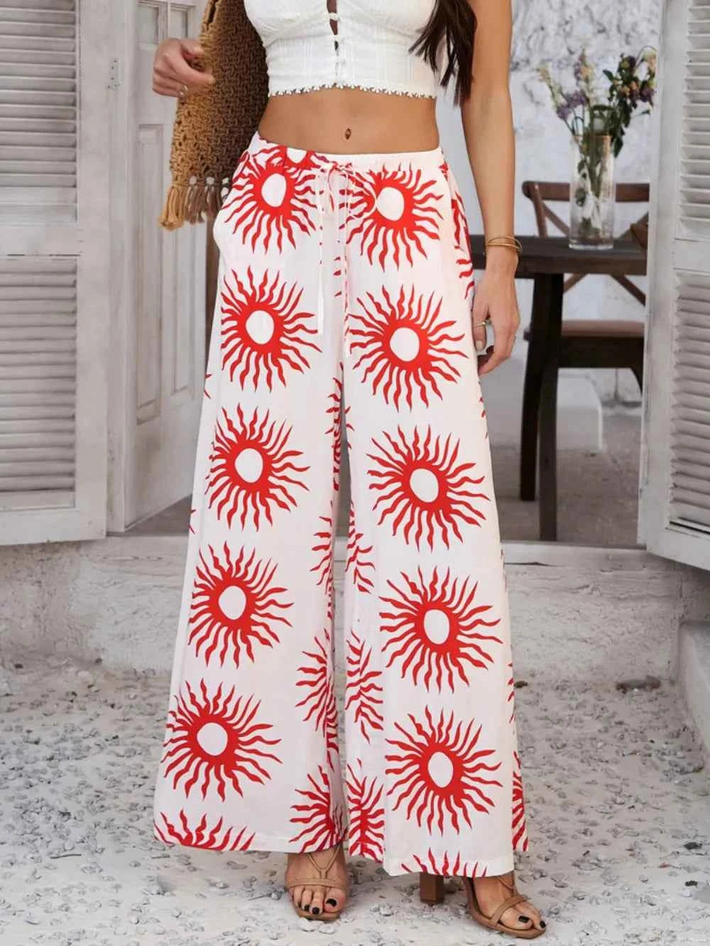 Devine Drawstring Printed Wide Leg Pants