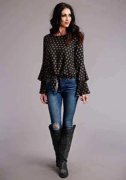 Stetson 00442 Horse Polkadot Bell Sleeves (Black) - Women's Blouse