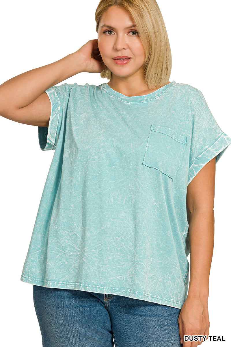 Zenana Full Size Crinkle Washed Round Neck Folded Short Sleeve Tee Plus Size