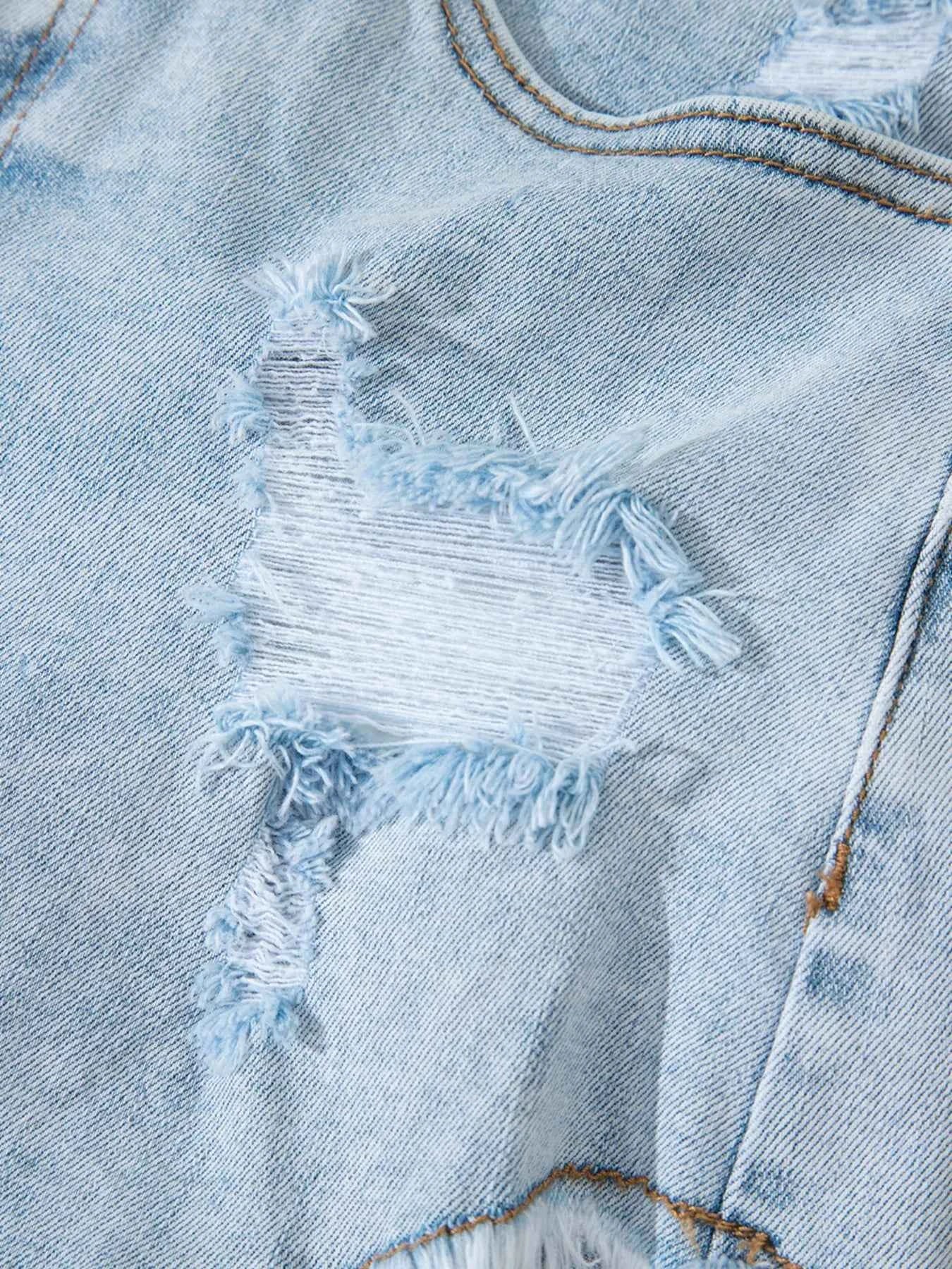 High Rise Distressed Raw Hem Denim Shorts