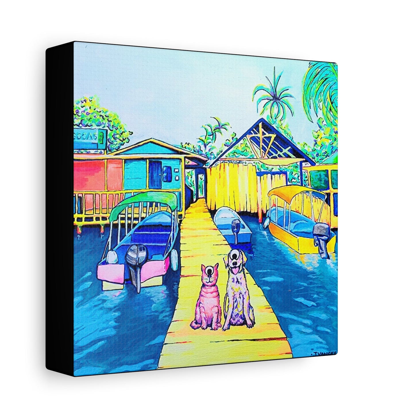 Cyclops Cat and Dog in Bocas Original Canvas Art Print, Gift, Unique Wall Decor