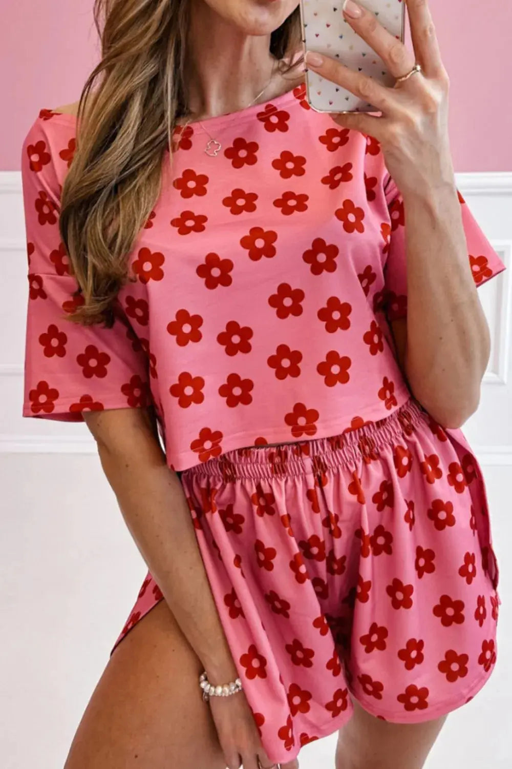 Pink & Red Floral Cropped Tee and Shorts Womens Loungewear Set