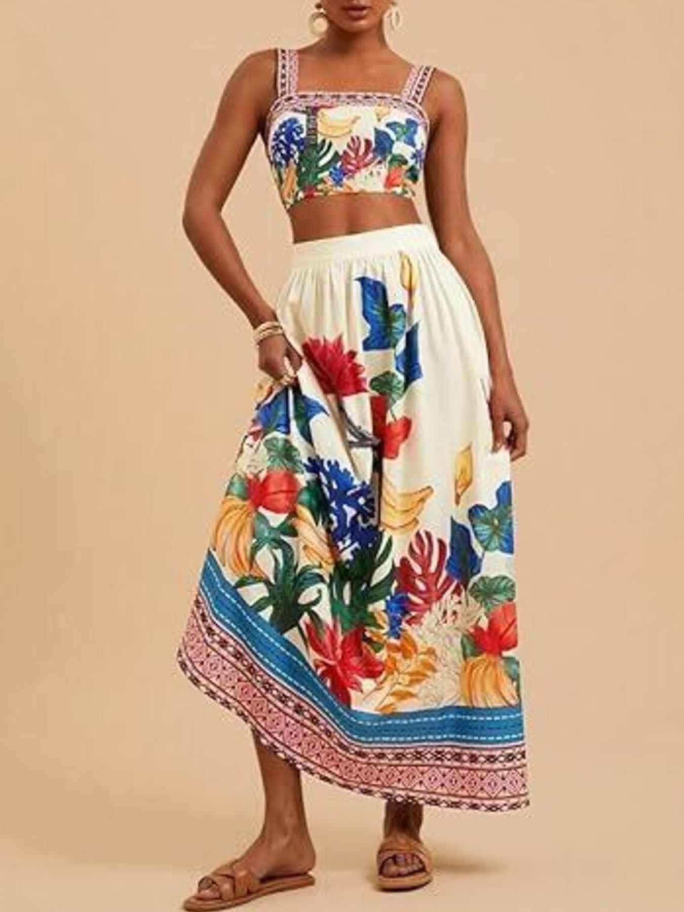 Floral Print Crop Top and Skirt Set