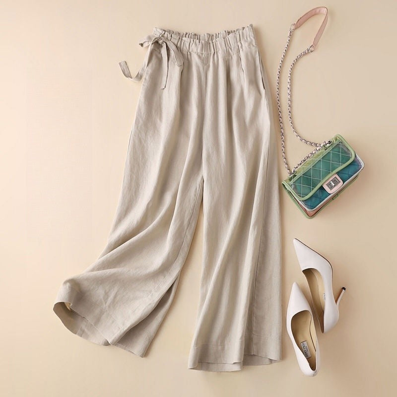 High-Waisted Wide-Leg Cropped Trousers in Cotton-Linen Blend