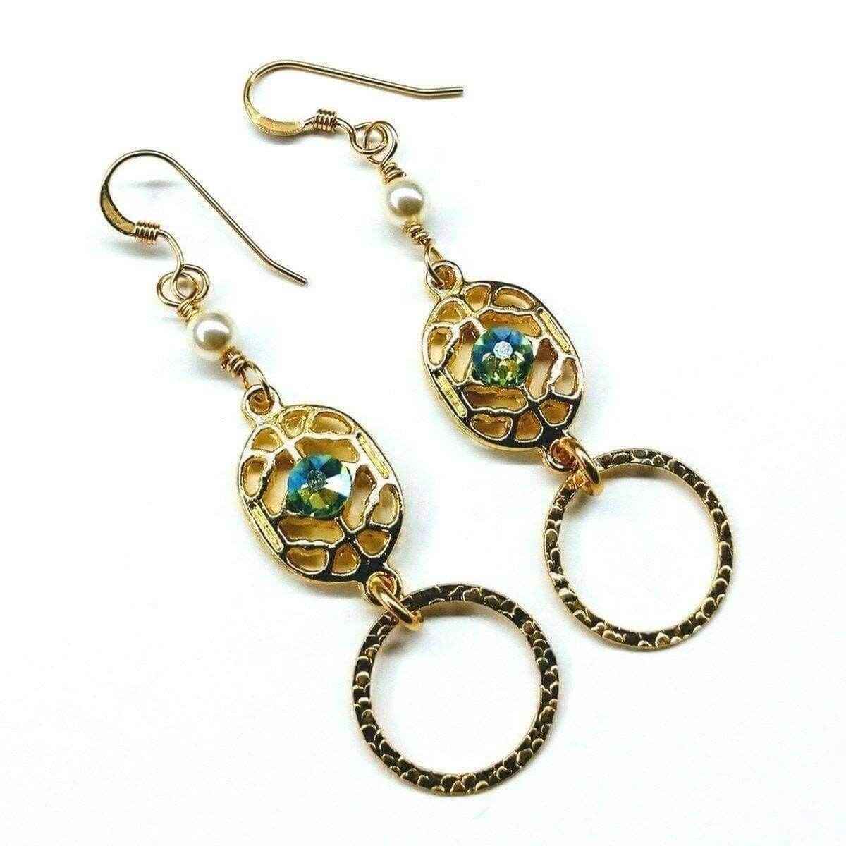 14 KT Gold Filled Green Crystal Circle Filigree Earrings