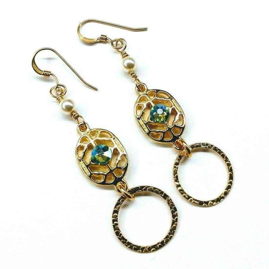 14 KT Gold Filled Green Crystal Circle Filigree Earrings
