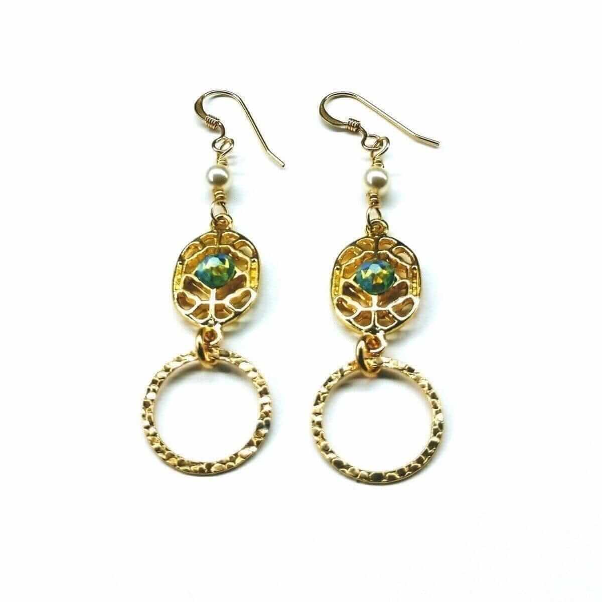 14 KT Gold Filled Green Crystal Circle Filigree Earrings