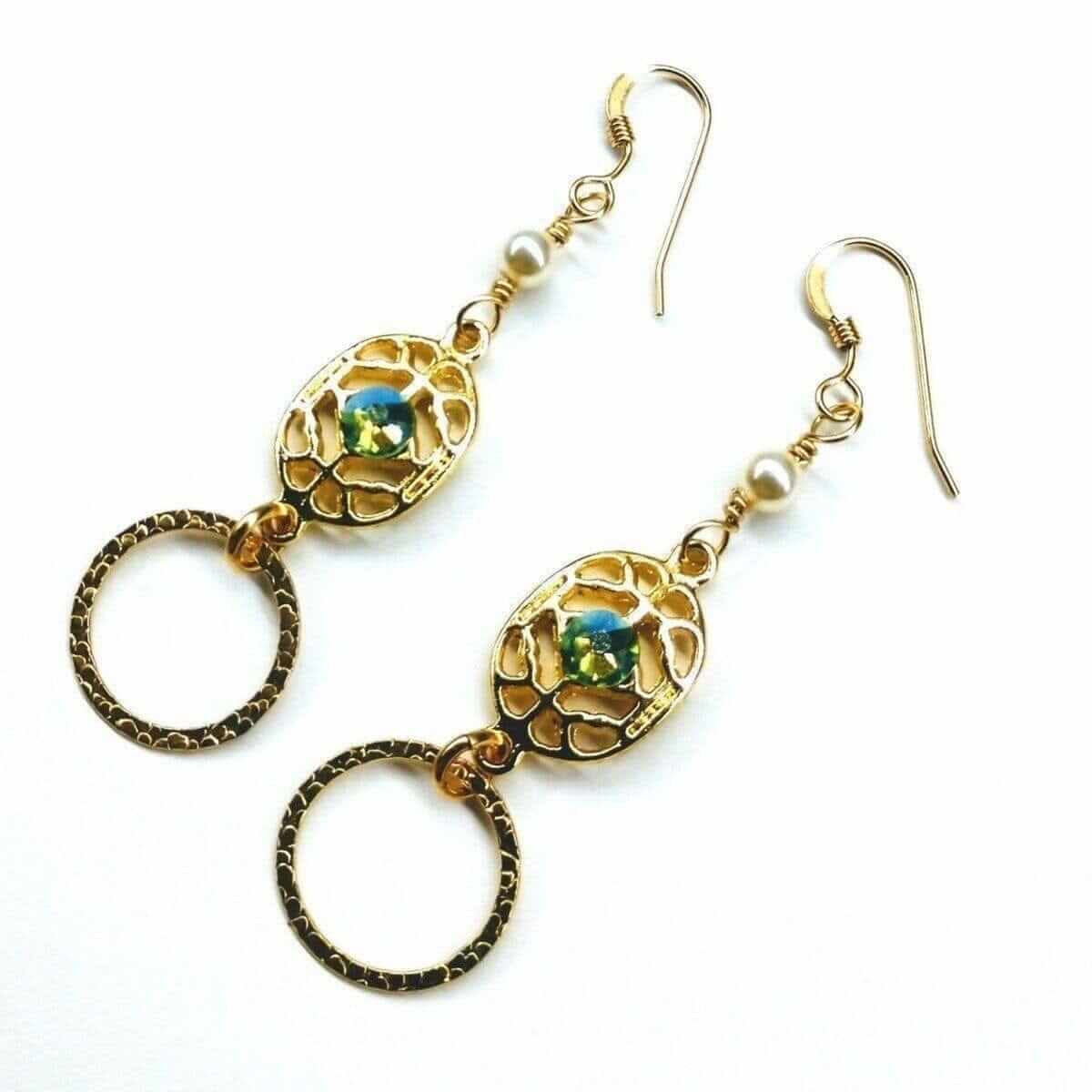 14 KT Gold Filled Green Crystal Circle Filigree Earrings