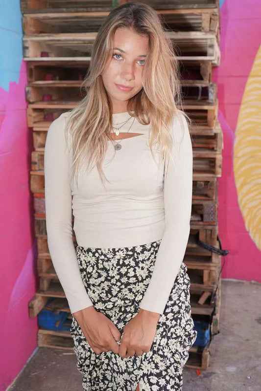 Long sleeve rib knit cut out top