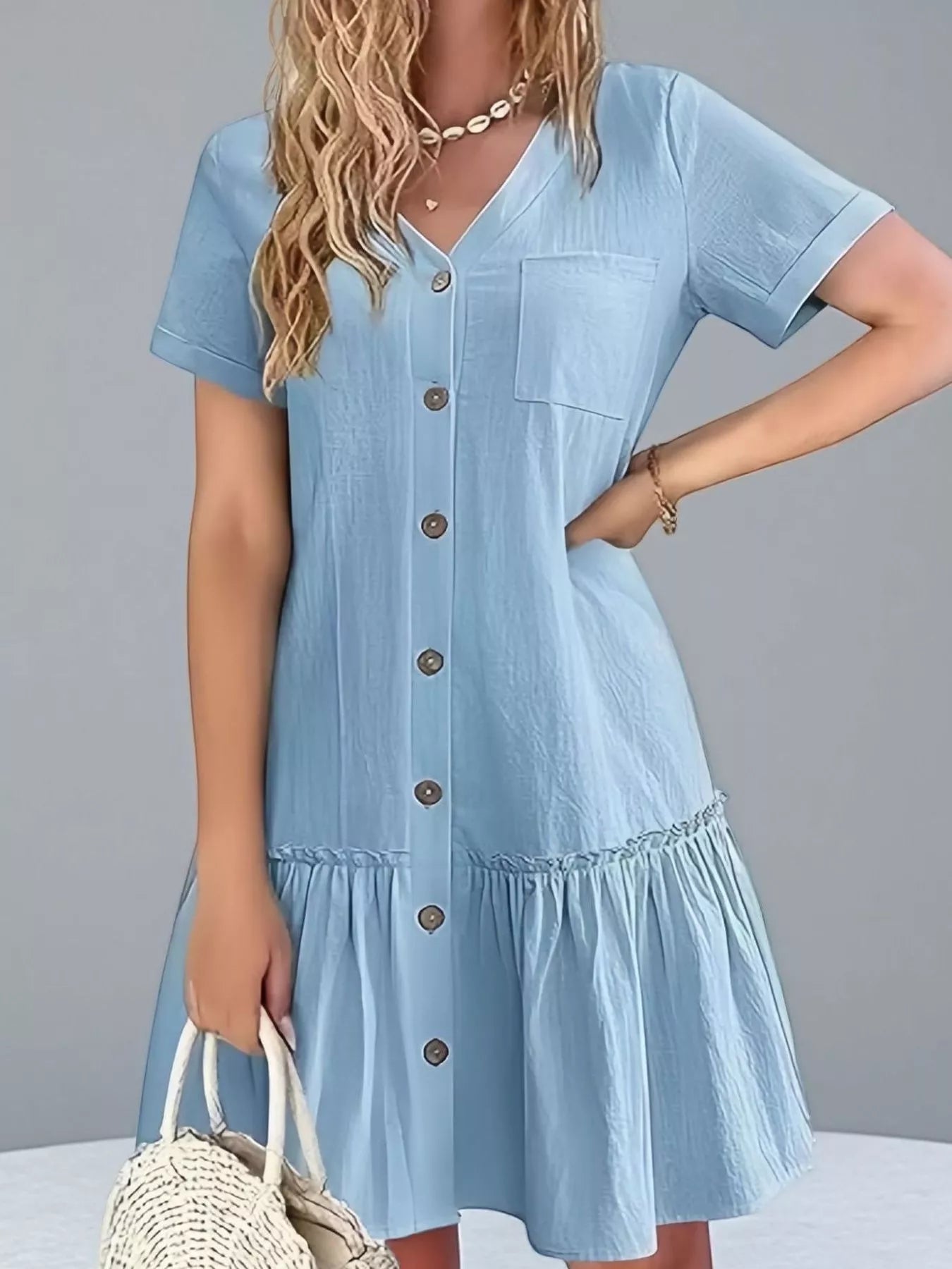 Full Size Button-Front Short Sleeve Tiered Dress Plus Size