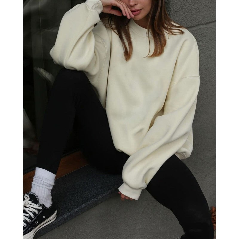 Casual Loose Fit Solid Color Crewneck Cotton Sweatshirt
