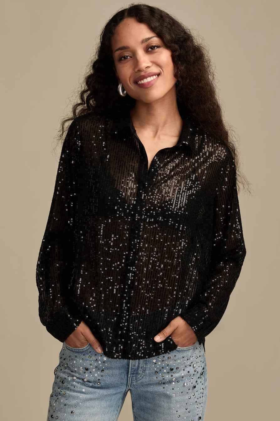 [154481-001] WOMENS LUCKY BRAND SEQUIN BUTTONDOWN SHIRT - CAVIAR