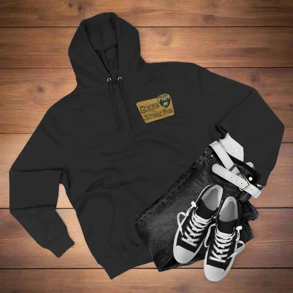 Glacier National Park Unisex Fit Fleece Hoodie Scenic Mountain Goat View Graphic Wooden Sign